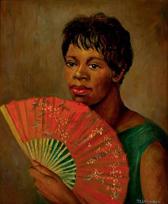 (ART.) JOHNSON, H.O. Untitled portrait of a woman with an orange fan.